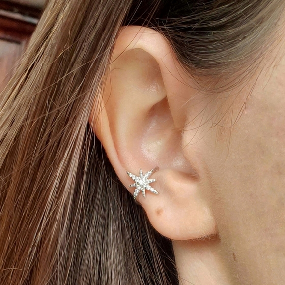 Star Ear Cuff Silver No Piercing Earring Sparkling Earcuff 925 Sterling Silver - Picture 2 of 7